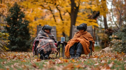 Naklejka premium Two friends wrapped in blankets, sitting in lawn chairs with virtual reality (VR) headsets