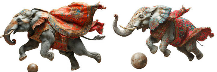 Obraz premium Set of a circus elephant on hind legs holding a painted ball, isolated on a transparent background.