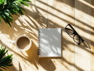 Sunny Morning Workspace: Coffee, Notebook, and Spectacles