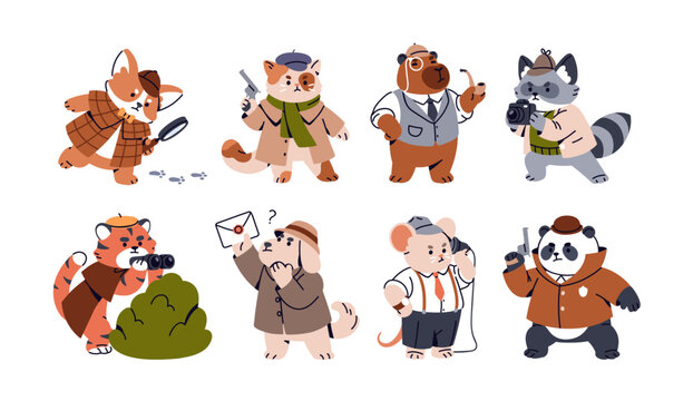 Cute animal detectives set. Funny spy and investigator characters looking for clues, investigating with magnifying glass, binoculars. Kids flat vector illustration isolated on white background