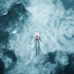 Aerial View of a Small Boat Navigating Through Turbulent Ocean Waters in a Dramatic Scene of Nature's Power and Beauty