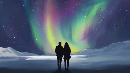 Fototapeta premium Couple silhouetted against vibrant aurora borealis display over snowy landscape.