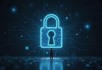 A key man stands before a glowing blue padlock symbol representing cybersecurity and data protection.