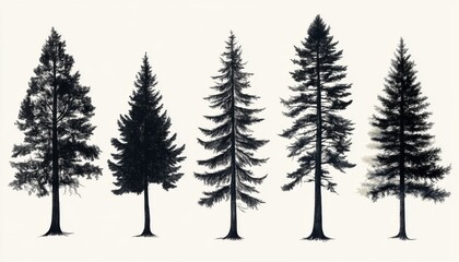Five different types of evergreen trees illustrated in black ink on a white background.