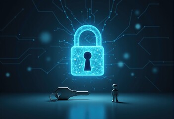 A key man stands before a glowing blue padlock symbol representing cybersecurity and data protection.