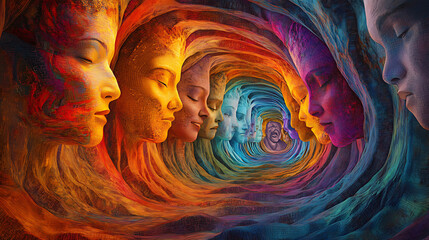 Surreal collage of a colorful, layered tunnel with glowing family faces along the walls, guiding and encouraging the soul forward