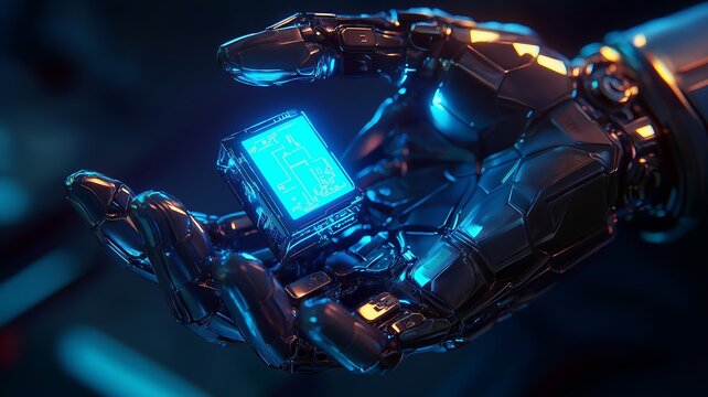 Robotic hand holding futuristic device with glowing screen displaying data