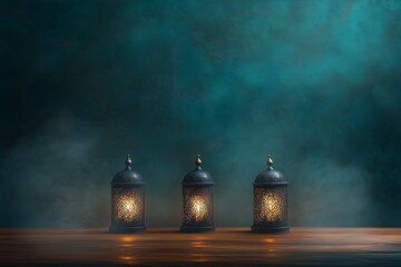 Ramadan night scene with three ornate lanterns glowing softly, casting warm light on an empty table