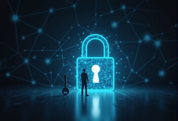 A key man stands before a glowing blue padlock symbol representing cybersecurity and data protection.