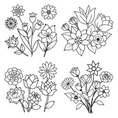 Simple flowers outline coloring book page line art drawing vector illustration for children and adults