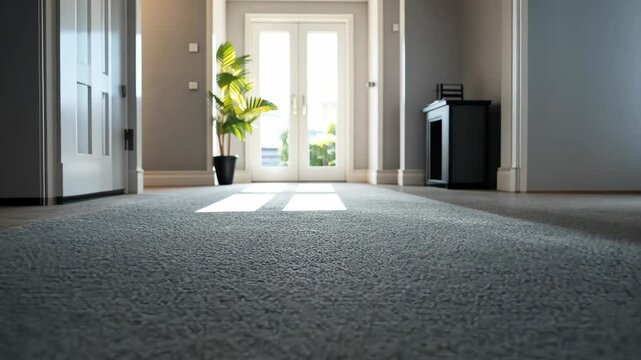 Cozy living room basks in the warm glow of sunlight, creating an inviting atmosphere, clean fleecy carpet lies on the floor in an expensive house, the floor is also perfectly clean