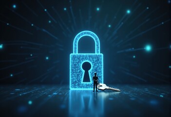 A key man stands before a glowing blue padlock symbol representing cybersecurity and data protection.