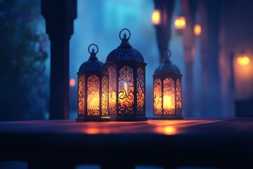 Fototapeta premium Ramadan night scene with three ornate lanterns glowing softly, casting warm light on an empty table