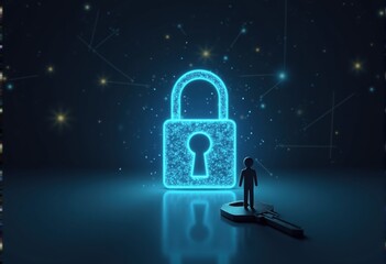 A key man stands before a glowing blue padlock symbol representing cybersecurity and data protection.