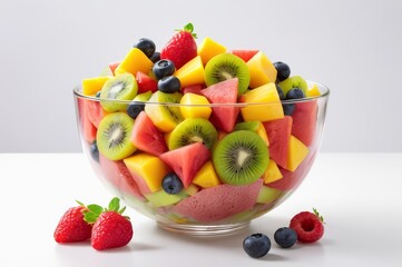 Fresh fruit salad in a glass bowl with strawberries and blueberries.
