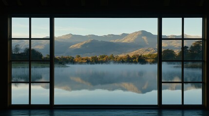 Serene mountain lake view seen through a window