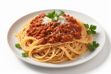 Plate of spaghetti bolognese topped with parmesan cheese and parsley.