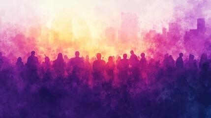 Fototapeta premium Silhouetted crowd before vibrant cityscape sunset.
