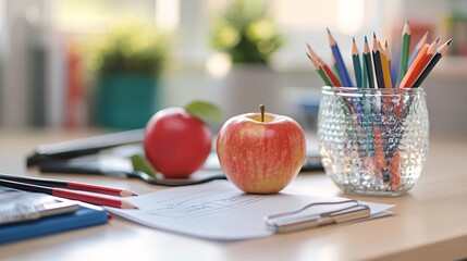 Fresh Apple and Stationery Items on a Wooden Table in Bright Room