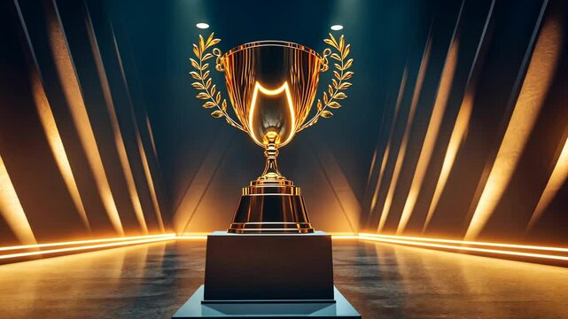 Glowing fairy lights illuminate a golden trophy championship stage placed on a pedestal by a wooden pathway, adorned with decorative plants