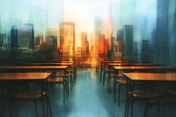 Empty Classroom with Motion Blur Effect and Blurred Cityscape Background