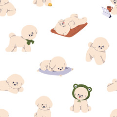 Bichon Frise dog, seamless pattern. Endless canine background with cute fluffy puppy. Repeating texture, print with sweet funny pups for fabric, textile, wrapping design. Flat vector illustration