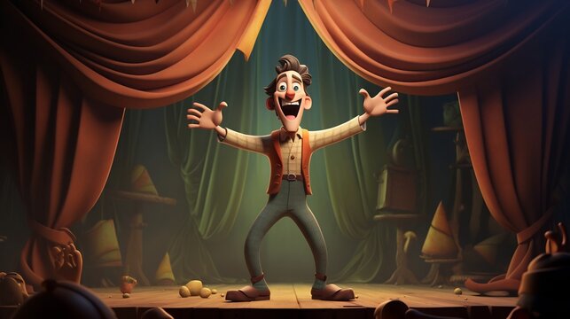 A 3D cartoon character actor performing on a stage in a dramatic theatrical scene with expressive gestures and emotions showcasing their acting skills and talent for entertainment