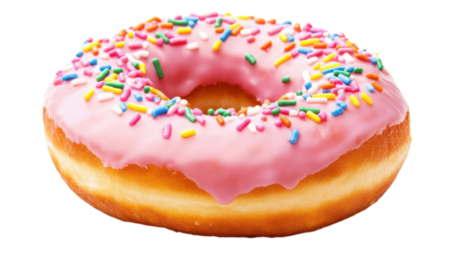 Delicious Pink Glazed Donut Topped with Colorful Rainbow Sprinkles Perfect for Dessert Menus and Celebrations.