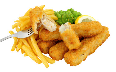 Breadcrumb coated cod steak fish fingers and chips meal with mushy peas isolated on a white background