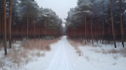 Snow-covered path through a pine forest in winter.