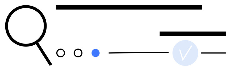Magnifying glass with two horizontal lines, three small circles, blue check mark. Ideal for search functionality, verification processes, web design, digital marketing, data exploration, user
