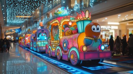 Obraz premium Festive, colorful train ride at a mall during the holiday season.