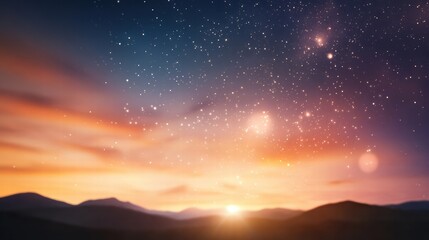 Fototapeta premium Stunning astrophotography showcasing a breathtaking sunset illuminating the night sky filled with twinkling stars over a mountain landscape