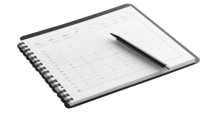 Aesthetic image of a planner notebook and pen on a clean white background, ideal for showcasing organization, productivity, and study planning in digital and print media..