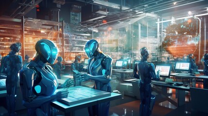Obraz premium Futuristic image showcasing a smart factory where advanced robots and automation technologies are utilized to manage and optimize various economic activities