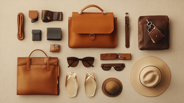 Stylish Brown Accessories and Bags on a Neutral Background