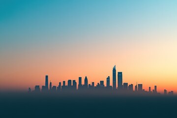 futuristic city skyline silhouette against gradient sunset sky with soft blue and orange hues blending seamlessly