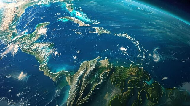 Highly detailed earth from space showing central america, the caribbean sea, part of north america and part of south america, with sun illuminating the scene