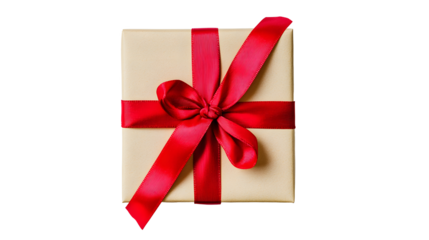 Small square gift box tied with red ribbon isolated on white background, top view