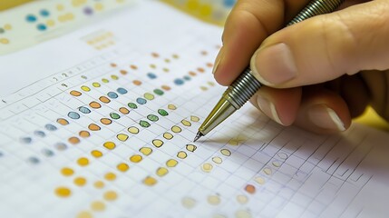 A person holding a pen, marking progress on a goal tracking sheet, with a whiteboard filled with goals and progress indicators in the background. 
