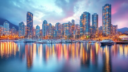 Fototapeta premium Cityscape at twilight, reflecting in calm water, with modern high-rise buildings and yachts.