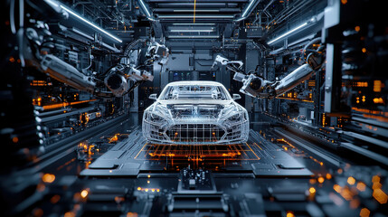 3D printed car being assembled in automated factory with robotic arms. futuristic environment showcases advanced technology and precision in manufacturing