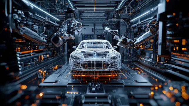 3D printed car being assembled in automated factory with robotic arms. futuristic environment showcases advanced technology and precision in manufacturing
