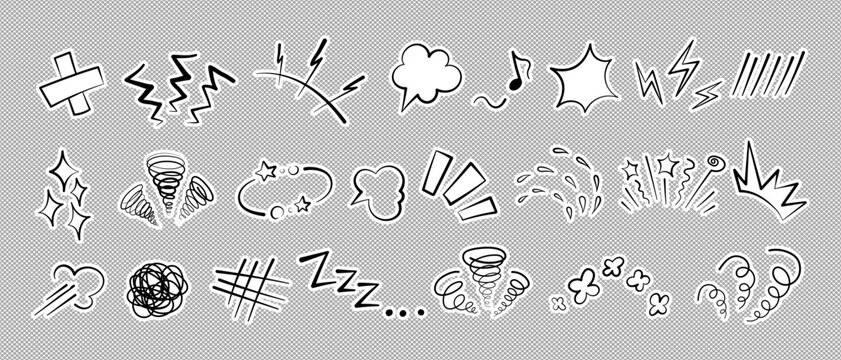 Manga or anime comic emoticon element graphic effects hand drawn doodle vector illustration set isolated on gray background. Sticker style manga doodle line expression scribble anime mark collection
