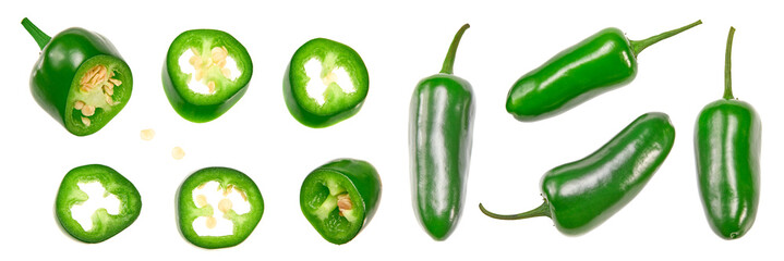 sliced jalapeno peppers isolated on white background. Green chili pepper. Capsicum annuum. clipping...