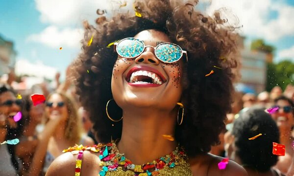 Cinematic photography of a afro brazilian woman, carnaval makeup, laughing,, crowd, happy people, Brazil, fashion mood, diversity, natural lighting, a lot of confetti