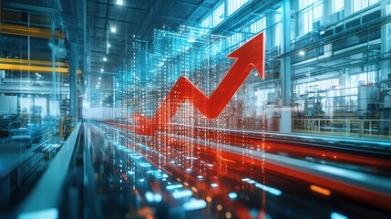 Upward red arrow graph in modern factory.