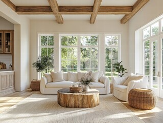 Fototapeta premium A beautiful open-concept living space with natural wood furniture, large windows, and plenty of soft, natural light for a calming environment.
