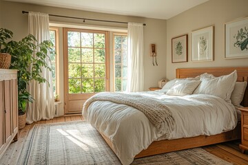 Fototapeta premium A bedroom with a soft bed, light-colored walls, and a window looking out into a peaceful garden, creating a calm and relaxing environment.
