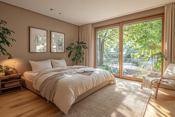 A bedroom with a soft bed, light-colored walls, and a window looking out into a peaceful garden, creating a calm and relaxing environment.